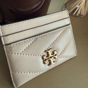 Tory Burch Quilted Cream Leather Card Case with Gold Logo